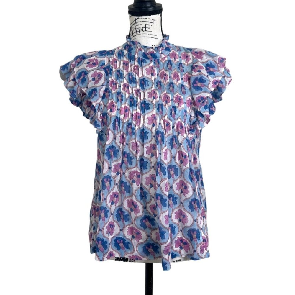 Oliphant Blue and Pink Floral Blouse XXS